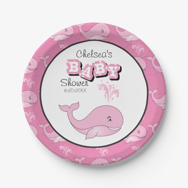 Baby Pink Polka Dotted Whale | Personalisieren Pappteller (Vorderseite)