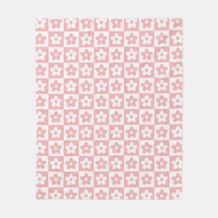 Baby Pink Retro Checkered Blume Muster Fleecedecke