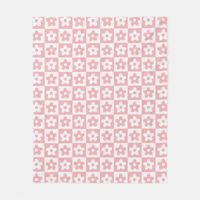 Baby Pink Retro Checkered Blume Muster Fleecedecke (Vorderseite)