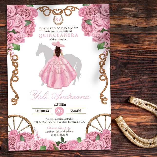 Baby Pink Roses Western Charro Quinceanera Einladung (Von Creator hochgeladen)