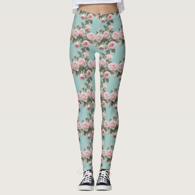 Baby Pink Roses With Sage Green Leaves Leggings (Vorderseite)