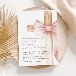 Baby Pink Schleifen Kreuz Mädchen Taufkleid Einladung