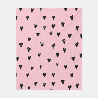 Baby Pink und Black Doodles Niedliches Herzmuster Fleecedecke