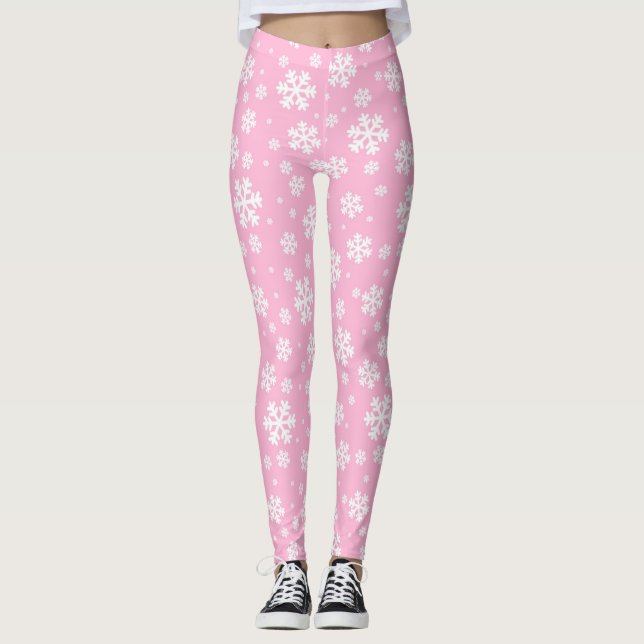 Baby Pink und weiße Weihnachtsschneeflocken Muster Leggings (Vorderseite)