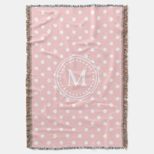 Baby Pink und White Polka Dot Monogram Decke (Vorderseite Vertikal)