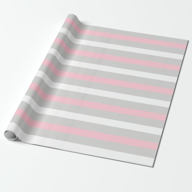 Baby Pink Weißes und graues Streifenpapier Geschenkpapier (Ungerollt)