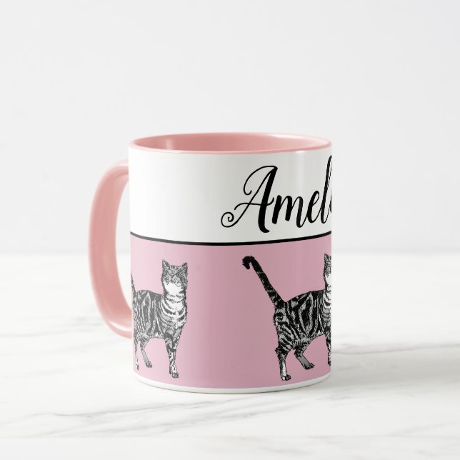 Baby Pink White Tabby Cats Whimsical Art Tasse (Vorderseite Links)