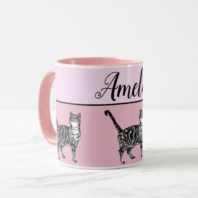Baby Pink White Tabby Cats Whimsical Art Tasse (Vorderseite Links)