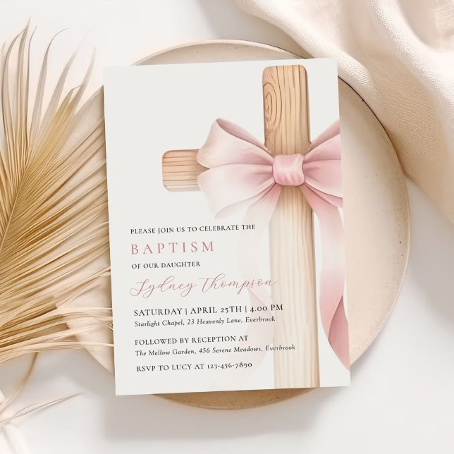 Baby Pinke Schleife Kreuz Mädchen Taufkleid Einladung (Von Creator hochgeladen)