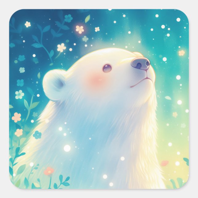 Baby Polar Bear Gazing Up in Sunlit Meadow Quadratischer Aufkleber (Vorderseite)
