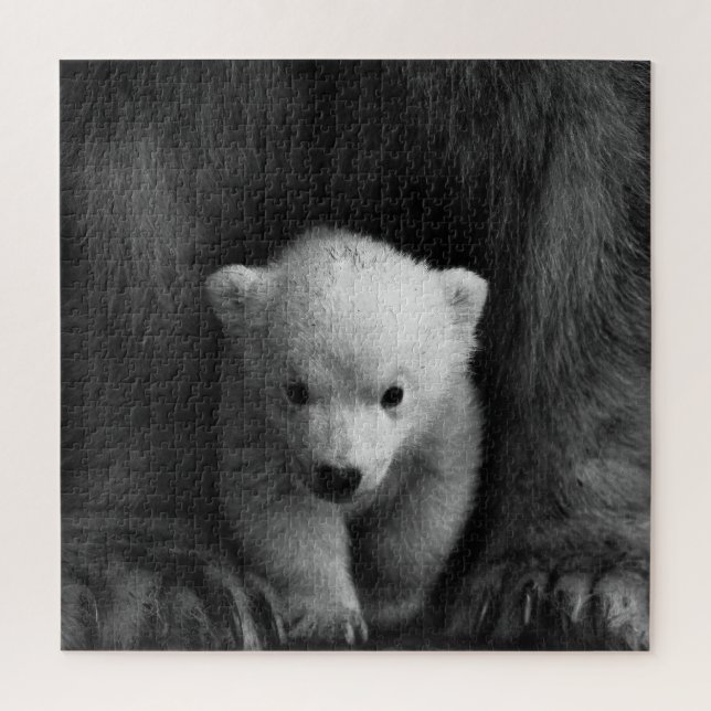 Baby Polar Bear mit Mutter, Schwarz und Weiß Puzzle (Vertikal)