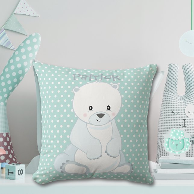 Baby Polar Bear Pastel Green Polka-Dot Monogram Kissen (Von Creator hochgeladen)