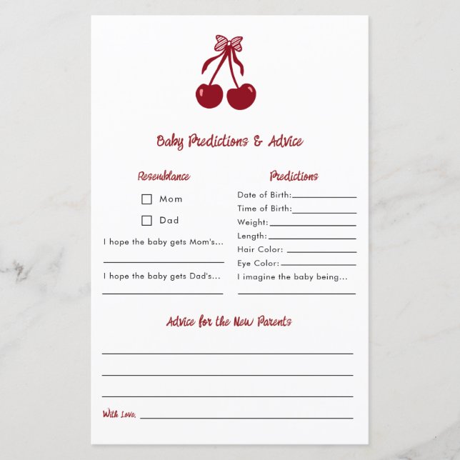 Baby Predictions Advice Cherry Bow Baby Shower (Vorderseite)