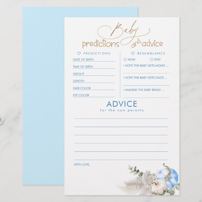 Baby Predictions and Advice Baby Shower Game (Vorne/Hinten)