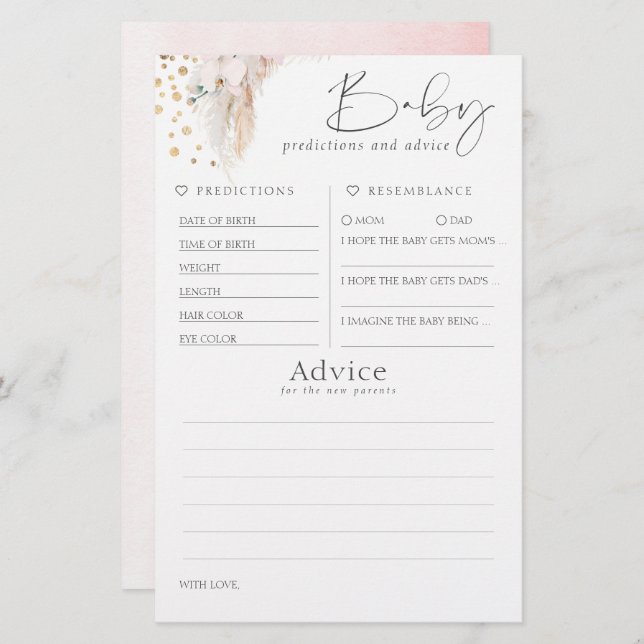 Baby Predictions and Advice Baby Shower Game (Vorne/Hinten)