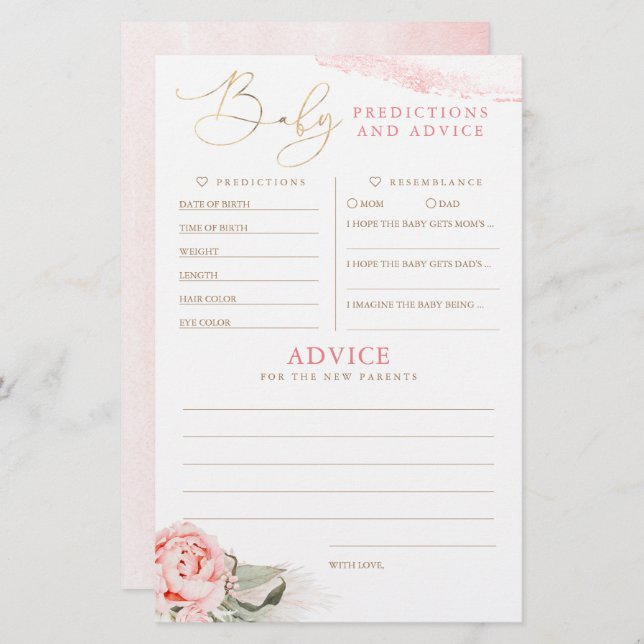 Baby Predictions and Advice Baby Shower Game (Vorne/Hinten)