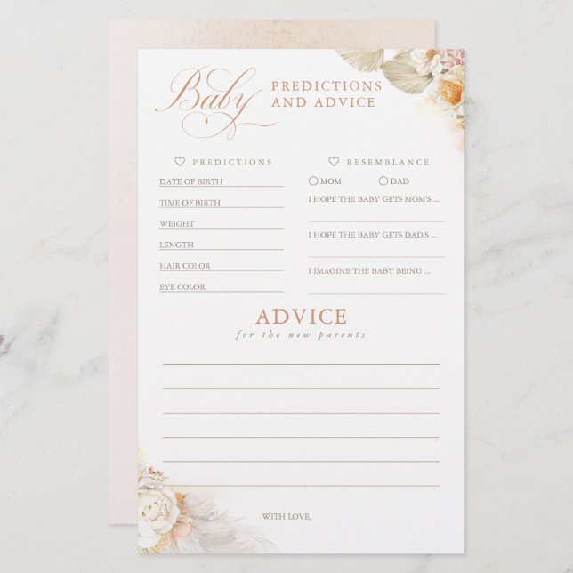 Baby Predictions and Advice Baby Shower Game (Vorne/Hinten)