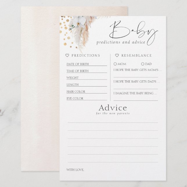 Baby Predictions and Advice Baby Shower Game (Vorne/Hinten)