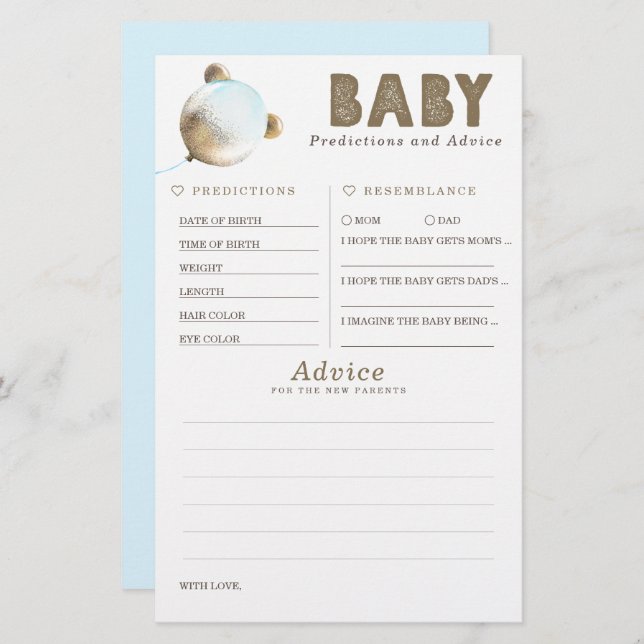 Baby Predictions and Advice Baby Shower Game (Vorne/Hinten)