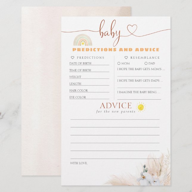 Baby Predictions and Advice Baby Shower Game (Vorne/Hinten)