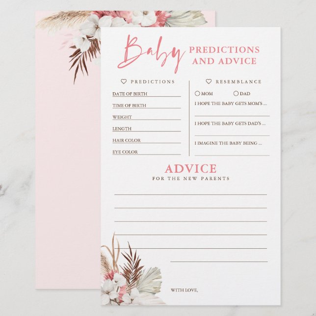 Baby Predictions and Advice Baby Shower Game (Vorne/Hinten)