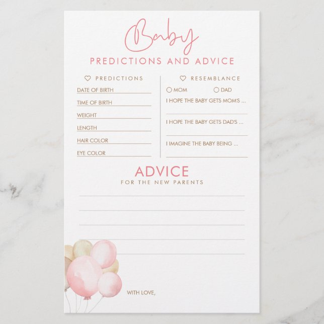 Baby Predictions and Advice Baby Shower Game (Vorderseite)