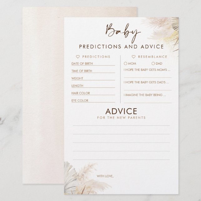 Baby Predictions and Advice Baby Shower Game (Vorne/Hinten)