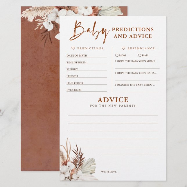 Baby Predictions and Advice Baby Shower Game (Vorne/Hinten)
