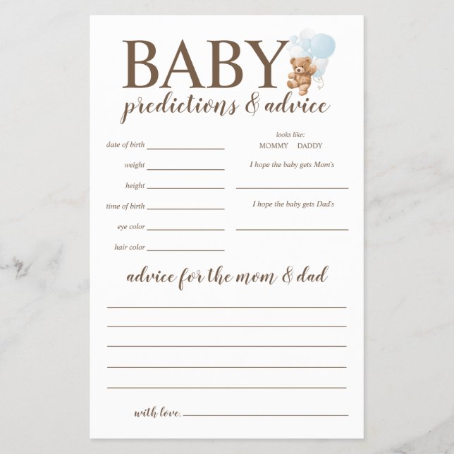 Baby Predictions and Advice Blue Teddy Bear Game Flyer (Vorne)