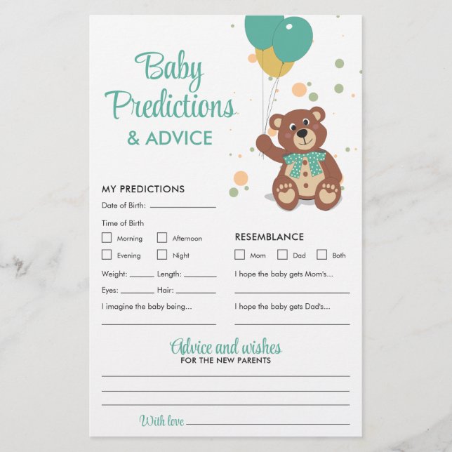 Baby Predictions and Advice Green Teddy Bear Game Flyer (Vorne)