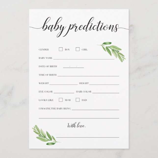 Baby Predictions Card für Baby Shower Greenery (Vorderseite)