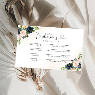Baby Predictions Card Navy & Blush Pink Bloral Bab Einladung