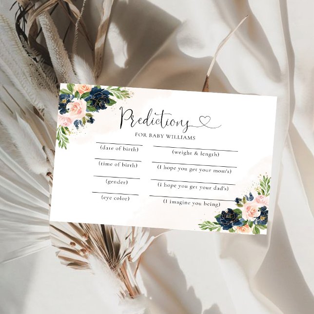 Baby Predictions Card Navy & Blush Pink Bloral Bab Einladung (Von Creator hochgeladen)