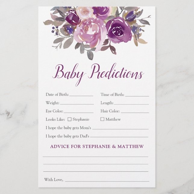 Baby Predictions Mauve Lila Baby Shower Game (Vorderseite)
