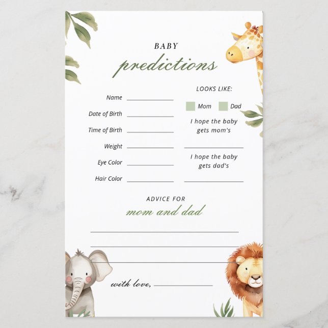 Baby Predictions Safari Animals Baby Shower Game (Vorderseite)