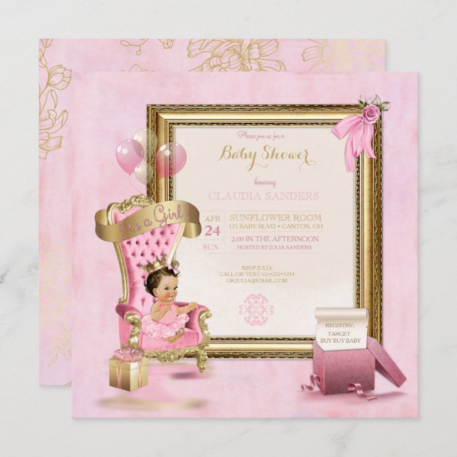 Baby Princess Tutu Crown Gold Pink Royal Einladung (Vorne/Hinten)