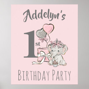 Baby Prinzessin Elefant Mädchen Rosa Grau 1. Gebur Poster