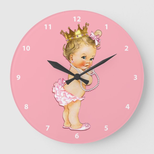Baby-Prinzessin und Perlen-Rosa Große Wanduhr (Vorderseite)
