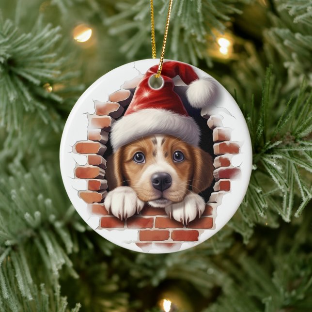 Baby Puppy in Weihnachtsmannmütze - 3D Keramik Ornament (Baum)