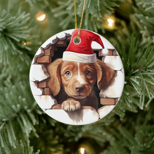Baby Puppy in Weihnachtsmannmütze - 3D Keramik Ornament (Baum)