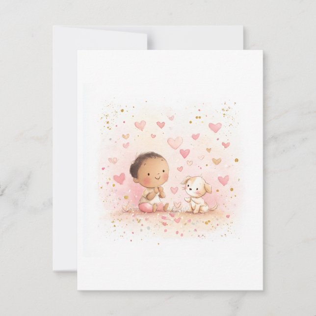 Baby & Puppy Valentine’s Postcard | Watercolor Dankeskarte (Vorderseite)