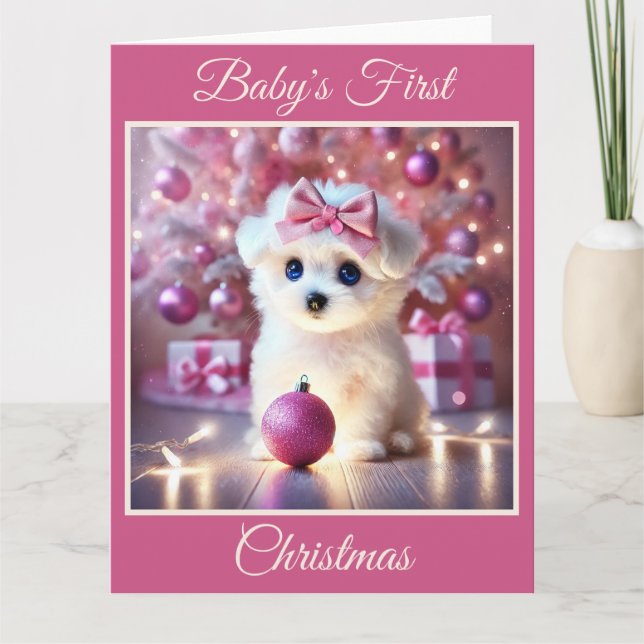 Baby Puppy's First Christmas (Pink) Karte (Vorderseite)