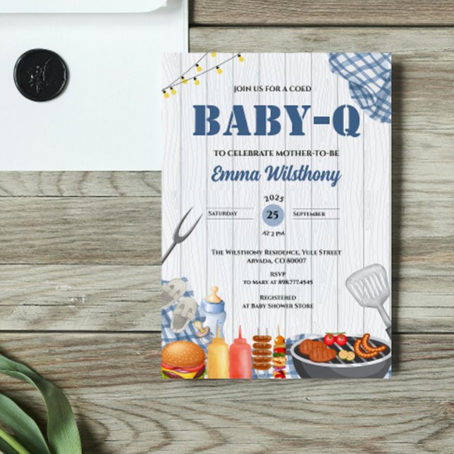 Baby-Q Baby Shower Boy Rustic BBQ Backyard Plaid  Einladung (Baby-Q bbq rustic barbecue picnic spring summer garden party barbeque baby shower invitation boy )