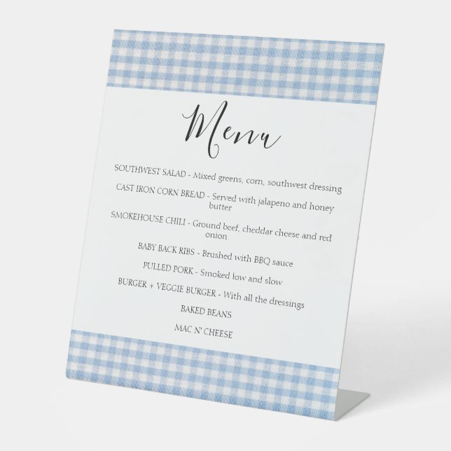 Baby Q Babydusche Barbecue Checkered Boy MENU Sockelschild (Vorderseite)