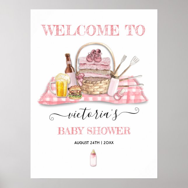 Baby Q Barbecue Dusche Pink Picnic Begrüßungszeich Poster (Vorne)