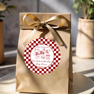 Baby Q Barbeque rote Karos Babyparty Runder Aufkleber