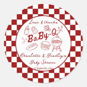 Baby Q Barbeque rote Karos Babyparty Runder Aufkleber
