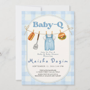 Baby-Q Blaue Gingham-Wäscheleine Baby Shower Einladung