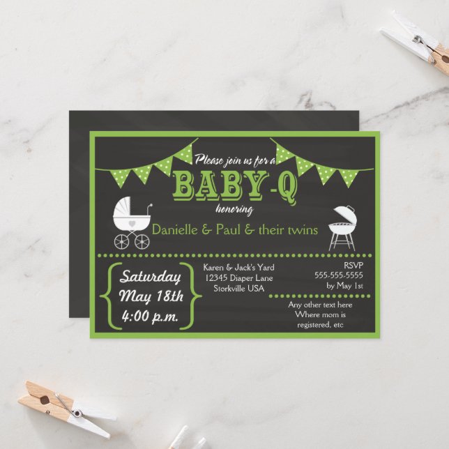 Baby-Q-Chalkboard Green Baby-Dusche Einladung (Vorderseite/Rückseite Beispiel)