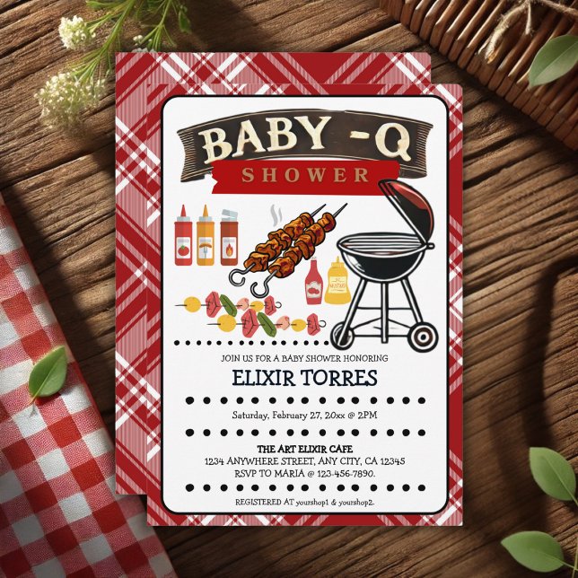 Baby-Q Checkered Red & Black Grill Baby Dusche Einladung (Von Creator hochgeladen)